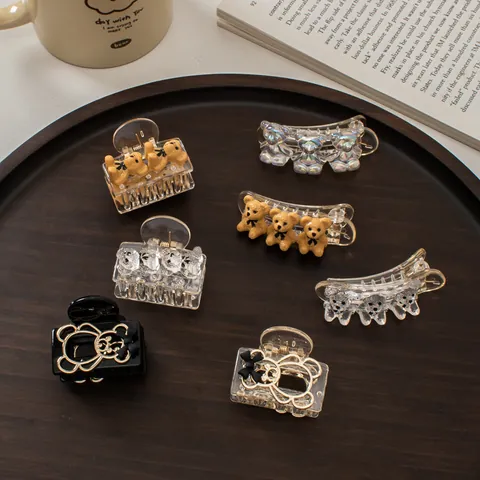 Orecchini per Capelli a Pinza Orso Champagne Dolce Coreano in Resina Cartone Animato Accessori Oro Nero per Donna Ragazze