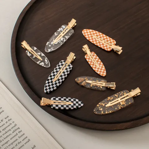 Vintage Checkerboard Acetate Hair Clips For Women No Trace Gold Silver Foil Duckbill Side Clips Hair Accessories Makeup Pins
