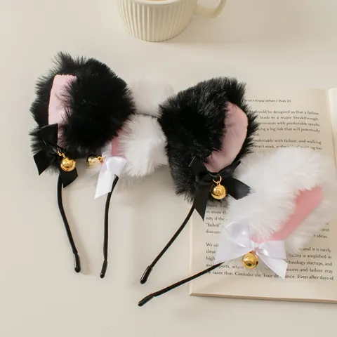 Kawaii Plush Cat Ears Headband With Bell And Satin Bow Lolita Fox Ears Hairband For Cosplay Party Women Hair Accessories