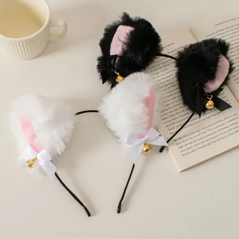 Kawaii Plush Cat Ears Headband With Bell And Satin Bow Lolita Fox Ears Hairband For Cosplay Party Women Hair Accessories
