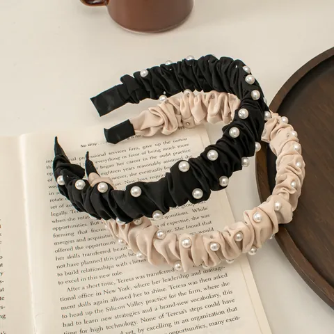 French Elegant Artificial Pearl Pleated Headband For Women Vintage Black Creamy White Fabric Hair Band Retro Fashion Hair Accessories