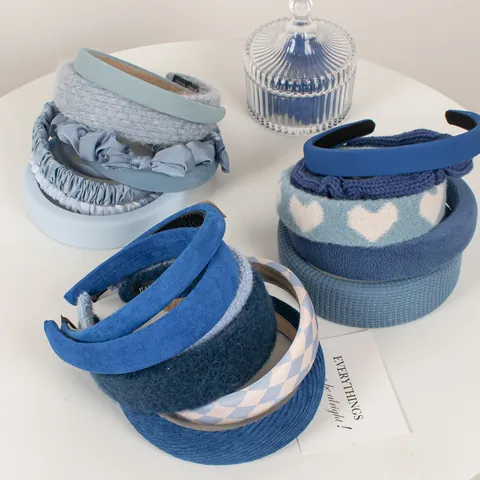 Collezione di Cerchietti Blu Donna Korean INS Fasce per Capelli Larghe in Peluche Spugna Tinta Unita Plaid Accessori per Capelli per Quotidiano