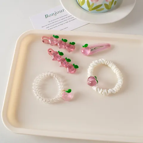 Cute Peach Hair Clips Pink Fruit BB Clips Duckbill Clips Hair Scrunchies Telephone Cord Hair Ties Sweet Fashion Hair Accessories Women Girls