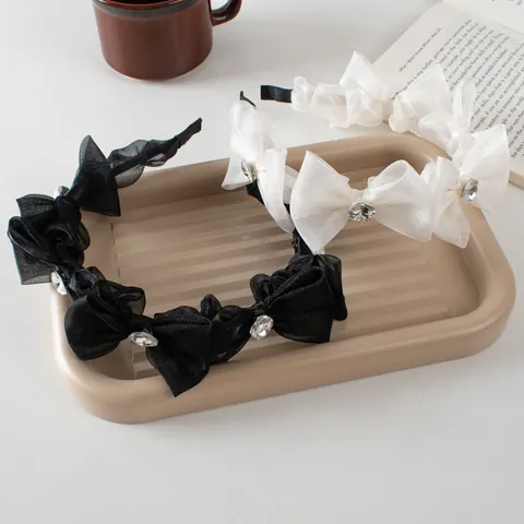 Elegant French Style Pleated Mesh Bow Headband For Women Square Rhinestone Sweet Organza Wide Edge Hair Band Accessory