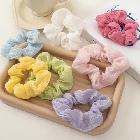 Women Girls Seersucker Ruffled Hair Scrunchies Elastic Waffle Texture Hair Ties Candy Pastel Colors Fabric Ponytail Holder Accessories