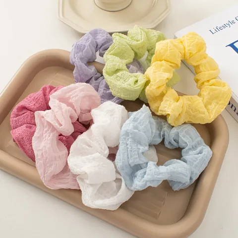 Women Girls Seersucker Ruffled Hair Scrunchies Elastic Waffle Texture Hair Ties Candy Pastel Colors Fabric Ponytail Holder Accessories