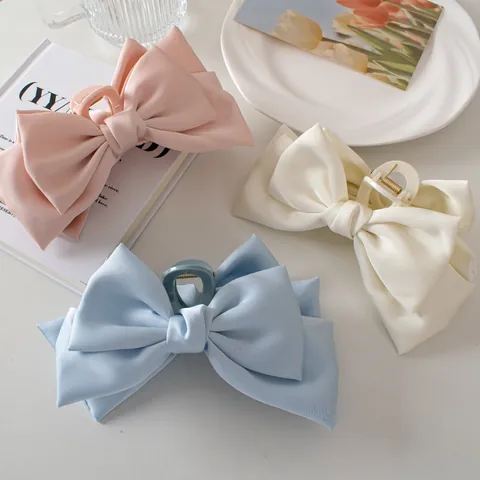 Pinza para el Cabello con Lazo Grande de Satén Elegante para Mujer Estilo Coreano Color Sólido Accesorio de Peinado 3D
