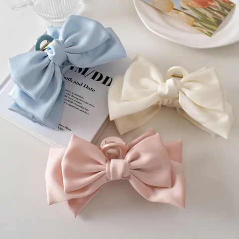 Pinza para el Cabello con Lazo Grande de Satén Elegante para Mujer Estilo Coreano Color Sólido Accesorio de Peinado 3D