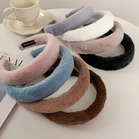 Autumn Winter Plush Faux Rabbit Fur Wide Brim Headband For Women Handmade High Skull Top Solid Color Hair Band Accessories
