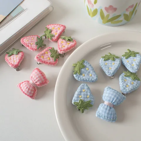 Cute Embroidered Strawberry Gingham Fabric Bow Hair Clips Sweet Pink Blue Fabric Duckbill Side Clips For Girls Women Hair Accessories