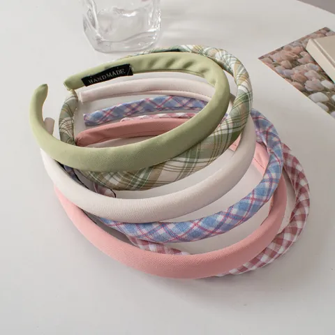 Handmade Padded Fabric Plaid Solid Color Headband Sweet Fashion Sponge Hair Hoop Headpiece For Women Daily Hair Accessories