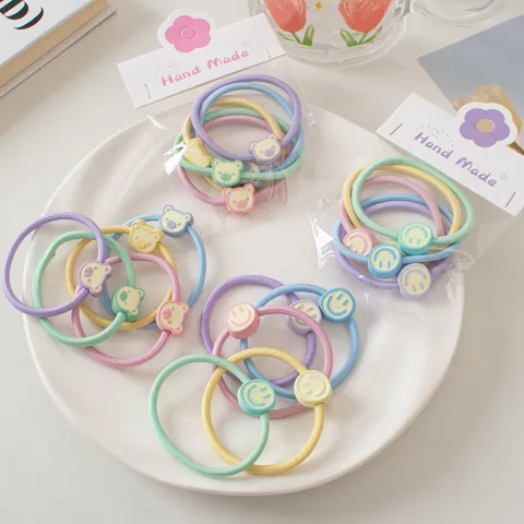Macaron Color Cute Cartoon Bear Smile Face Hair Ties High Elasticity Resin Hair Ropes For Girls Women Daily Hair Accessories