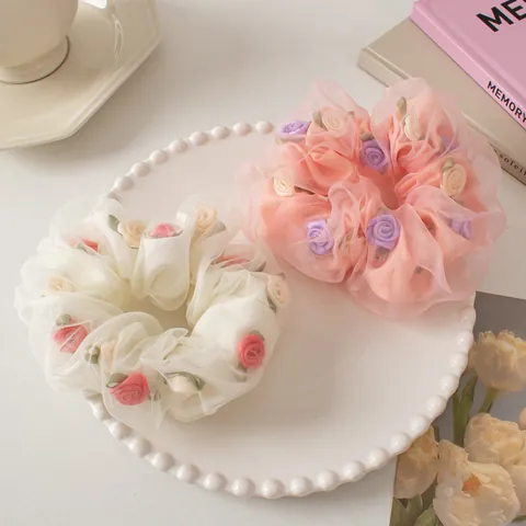 Coleteros de Organza de Doble Capa con Flores de Rosa Vintage Francés Dulce Malla Lazo de Pelo Grande para Mujer