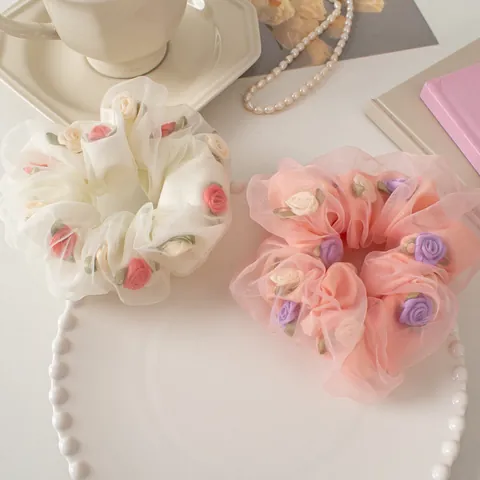Coleteros de Organza de Doble Capa con Flores de Rosa Vintage Francés Dulce Malla Lazo de Pelo Grande para Mujer