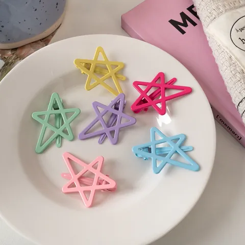 Macaron Color Pentagram Star Hollow Out Metal Hair Clips Sweet Dopamine Star Duckbill Clips For Women Girls Hair Accessories
