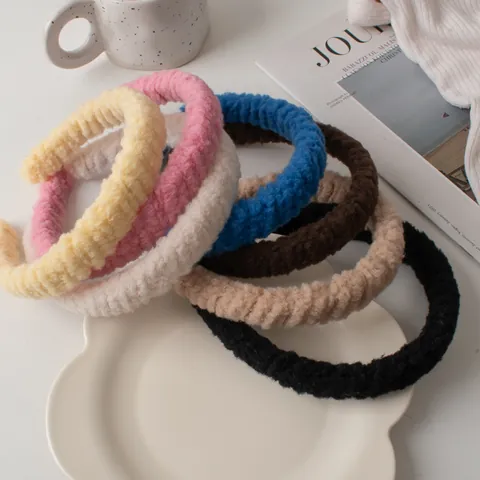 Women Plush Fleece Thickened Headband Lamb Wool Style Solid Color Soft Elastic Hair Band Winter Hair Accessories For Makeup Washing