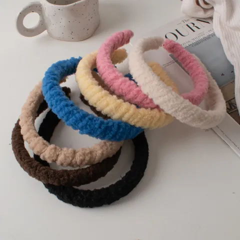Women Plush Fleece Thickened Headband Lamb Wool Style Solid Color Soft Elastic Hair Band Winter Hair Accessories For Makeup Washing