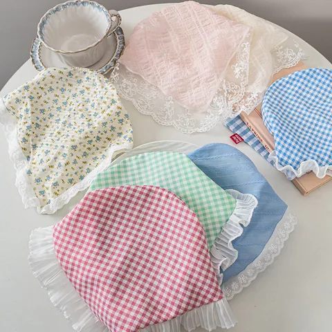 Pastoral Floral Plaid Triangular Headscarf Headband Integrated Lace Trim Hairband Korean Style Retro Hair Accessory For Women