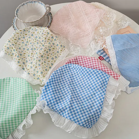 Pastoral Floral Plaid Triangular Headscarf Headband Integrated Lace Trim Hairband Korean Style Retro Hair Accessory For Women