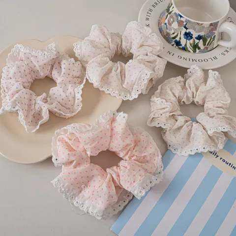 Elegante Elastico per Capelli in Tessuto con Pizzo e Pois Stile Coreano Accessori per Capelli alla Moda per Donne e Ragazze