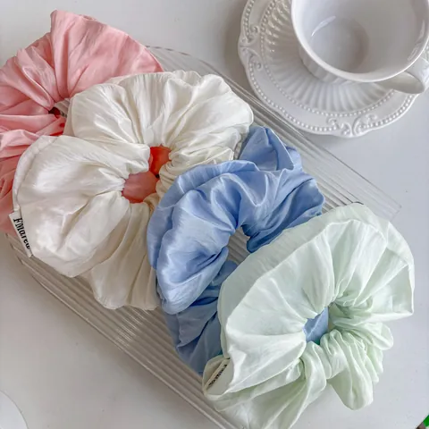 Oversized Pleated Satin Scrunchie Solid Color High Elasticity French Rayon Hair Tie Fashion Ponytail Holder For Women