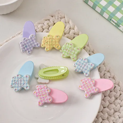 Cute Dopamine Gingham Bear Duckbill Hair Clips Sweet Macaron Colors Heart Decor Resin Hair Accessories For Girls Women