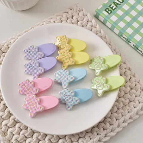 Cute Dopamine Gingham Bear Duckbill Hair Clips Sweet Macaron Colors Heart Decor Resin Hair Accessories For Girls Women