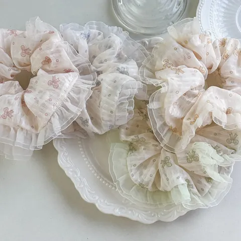 Damen Koreanischer Stil Netz Haargummi Groß Floral Schmetterlingsschleife Druck Haargummi Süß Rüschen Haarseil Elastischer Pferdeschwanzhalter