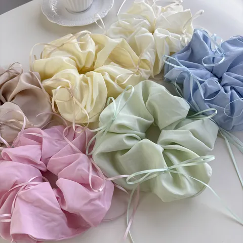 French Style Satin Ribbon Bow Hair Scrunchies For Women Girls Large Solid Color Elastic Hair Ties Ponytail Holder