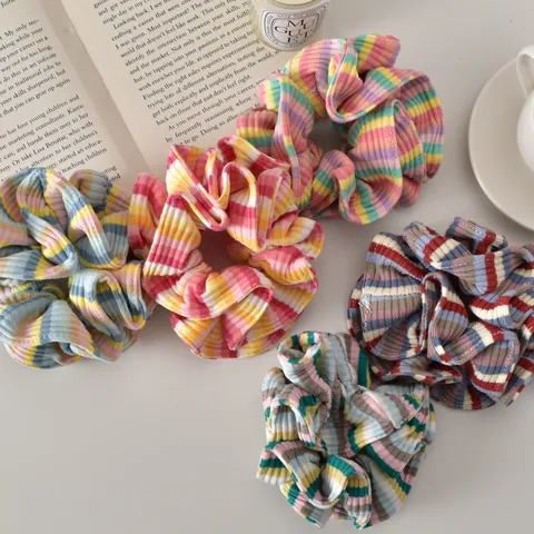 Damen Y2K Gestreifte Rippstrick Scrunchies Bunte Doppelschicht Haargummis Plissierte Elastische Haarbänder Mode Haarschmuck