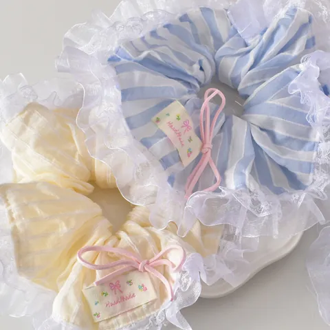 Women Sweet Lace Edge Oversized Scrunchies Striped Polka Dot Hair Ties With Ribbon Bow Elastic Fabric Ponytail Holders