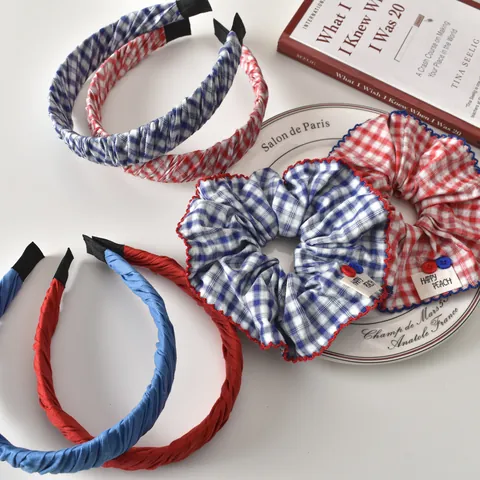 Coletero y Diadema de Vichy Rojo Azul Retro Francés de Tela de Cuadros Coleteros Plisados para Mujer Accesorios Diarios para el Cabello