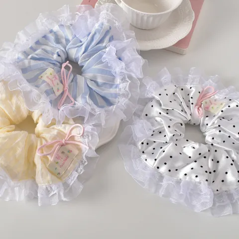 Women Sweet Lace Edge Oversized Scrunchies Striped Polka Dot Hair Ties With Ribbon Bow Elastic Fabric Ponytail Holders