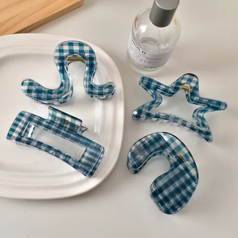 Blue White Gingham Grid Hair Claw Clip Plastic Nonslip Geometric Star Rectangle Wave Pattern Headwear Accessory For Women