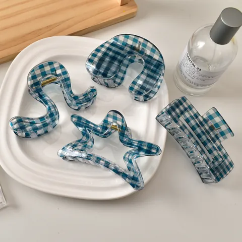 Blue White Gingham Grid Hair Claw Clip Plastic Nonslip Geometric Star Rectangle Wave Pattern Headwear Accessory For Women