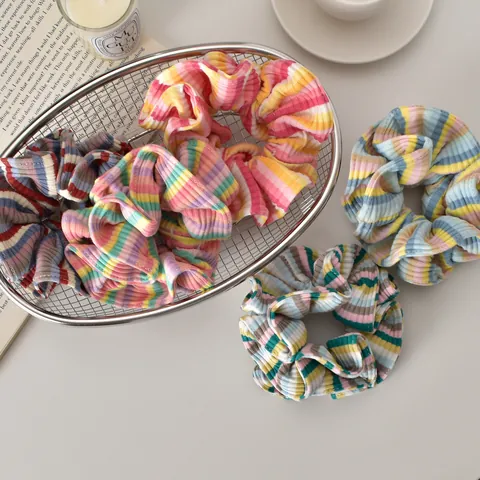 Damen Y2K Gestreifte Rippstrick Scrunchies Bunte Doppelschicht Haargummis Plissierte Elastische Haarbänder Mode Haarschmuck