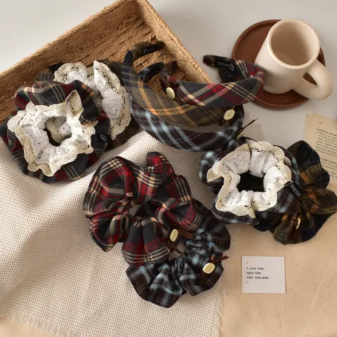 Vintage Plaid Lace Scrunchie And Checkered Headband Set With Bow Button Preppy Style Fabric Hair Accessories For Women
