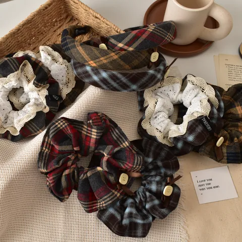 Vintage Plaid Lace Scrunchie And Checkered Headband Set With Bow Button Preppy Style Fabric Hair Accessories For Women