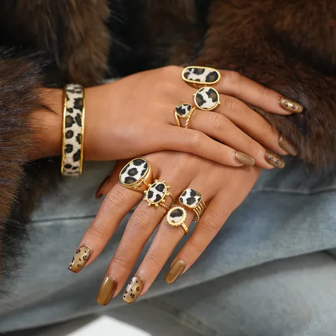 Vintage 304 Stainless Steel Leopard Cow Print Pony Hair Ring Gold Plated Open Adjustable Geometric Animal Pattern Jewelry For Women