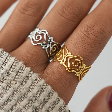 Vintage 304 Roestvrijstalen Open Ring Dames Holle Roos Bloem Spiraal Goud Zilver Verguld Verstelbare Mode Sieraden Vingerring