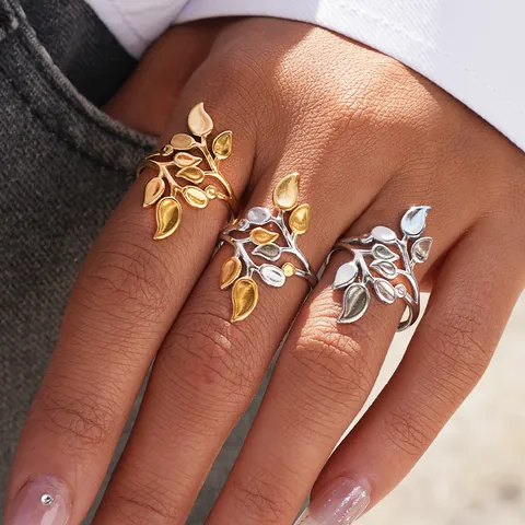 Verstellbarer Edelstahl Blatt Offener Ring Für Damen Personalisierte Mode Hohl Botanische Pflanze Zweig Finger Schmuck