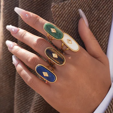 Vintage 304 Stainless Steel PVD Gold Plated Oval Shell Stone Rings For Women Bohemian Geometric Inlaid Adjustable Finger Jewelry Ring
