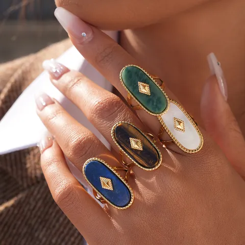 Vintage 304 Stainless Steel PVD Gold Plated Oval Shell Stone Rings For Women Bohemian Geometric Inlaid Adjustable Finger Jewelry Ring