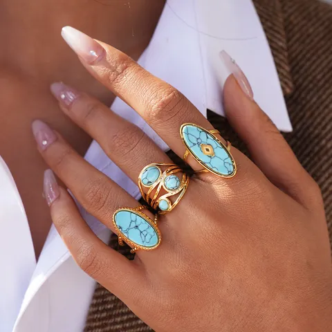 Vintage 304 Stainless Steel Turquoise Ring For Women Bohemian Gold Plated Oval Geometric Hollow Adjustable Finger Ring