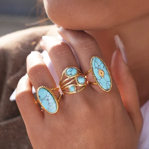 Vintage 304 Stainless Steel Turquoise Ring For Women Bohemian Gold Plated Oval Geometric Hollow Adjustable Finger Ring