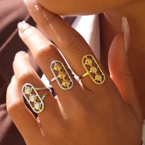 Anillo Abierto de Acero Inoxidable 304 Minimalista para Mujer Marco Ovalado Geométrico Con Tres Cuentas Deslizantes Joyería Oro Plata