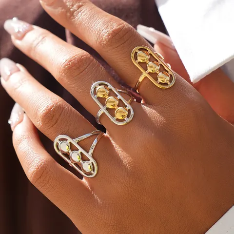 Anillo Abierto de Acero Inoxidable 304 Minimalista para Mujer Marco Ovalado Geométrico Con Tres Cuentas Deslizantes Joyería Oro Plata