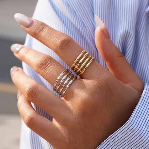 Moderne 304 Edelstahl Mehrlagiger Offener Ring Für Damen 18K Vergoldet Silber Geometrisch Hohl Statement Fingerring Schmuck Geschenk