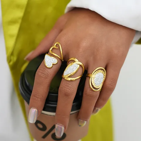 Vintage 304 Edelstahl PVD Vergoldet Verstellbarer Offener Ring Mit Ovalem Zirkonia Micro-Pave Mode Schmuck Für Damen