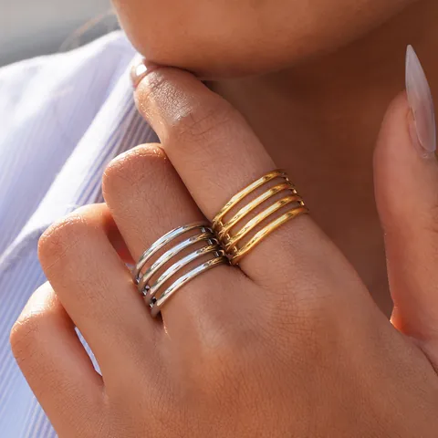 Moderne 304 Edelstahl Mehrlagiger Offener Ring Für Damen 18K Vergoldet Silber Geometrisch Hohl Statement Fingerring Schmuck Geschenk